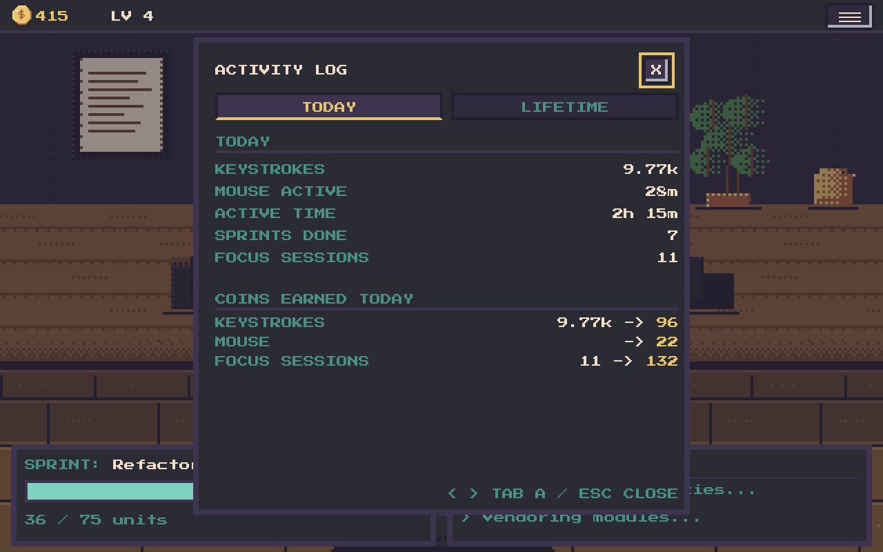 The activity log with Today and Lifetime tabs: keystrokes, mouse-active time, active time, sprints done, and a breakdown of coins earned by signal.