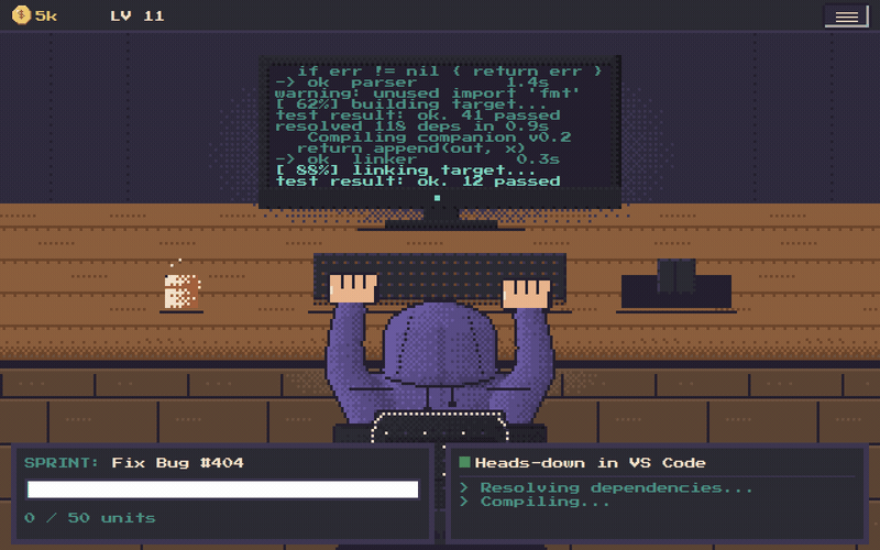 dexel in action: typing advances the sprint, coins buy items that appear on the desk.