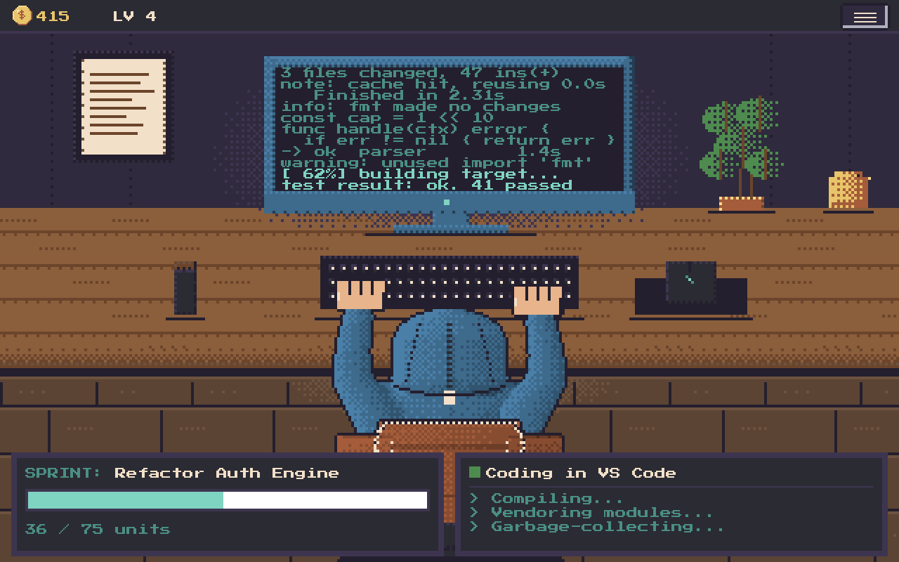 dexel running at the desk: a hooded pixel developer typing, with a coin and level HUD, a live sprint progress bar, and a terminal panel.