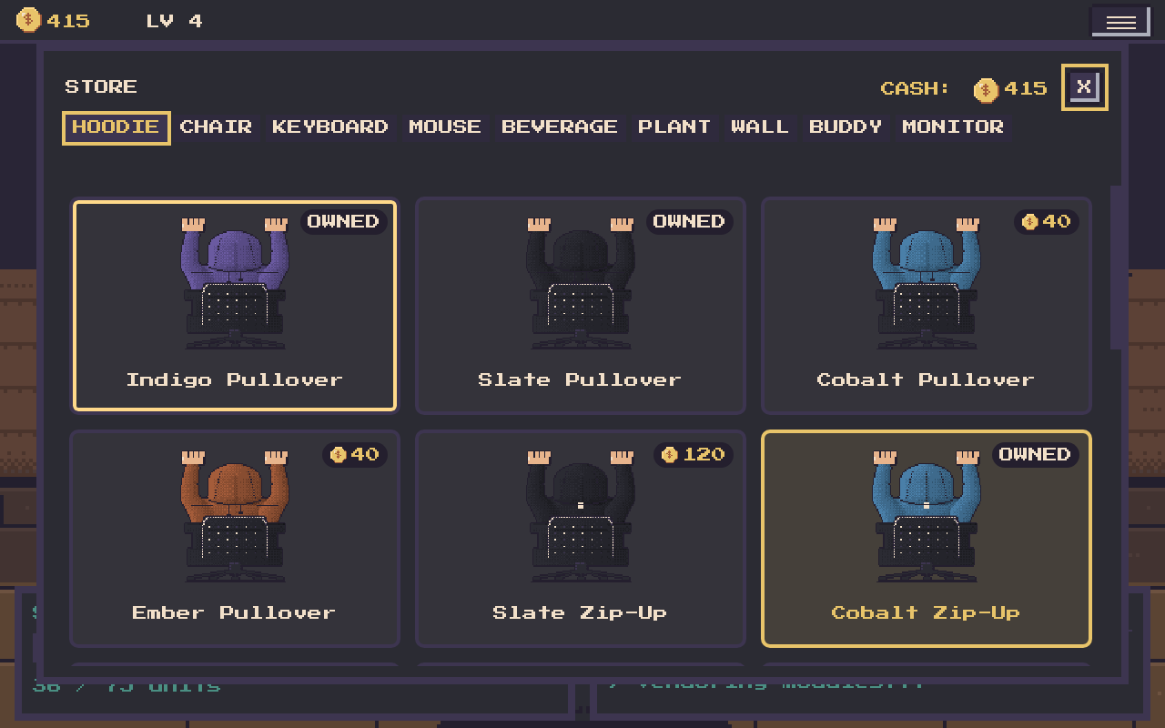 The store: per-slot tabs (Hoodie, Chair, Keyboard, and more), colour cards with prices in coins, owned items outlined in gold, and live cash.